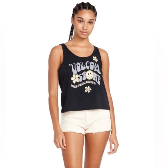 Volcom Black “To The Bank Tank” Top Black Organic Cotton Smiley Flowers - Picture 1 of 9